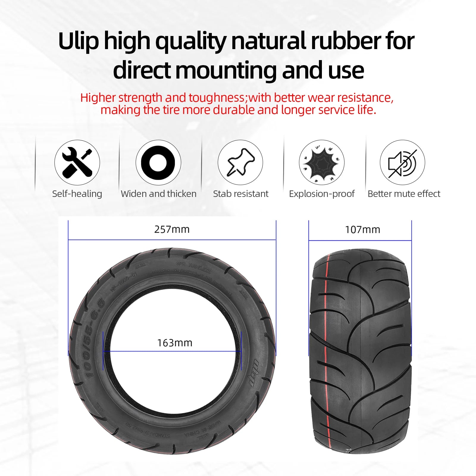 Ulip 11 Inch 100/55-6.5 Self-healing Tubeless Tire For Electric Scooter Front & Rear Built Self-repair Glue Explosion-Proof Tyre