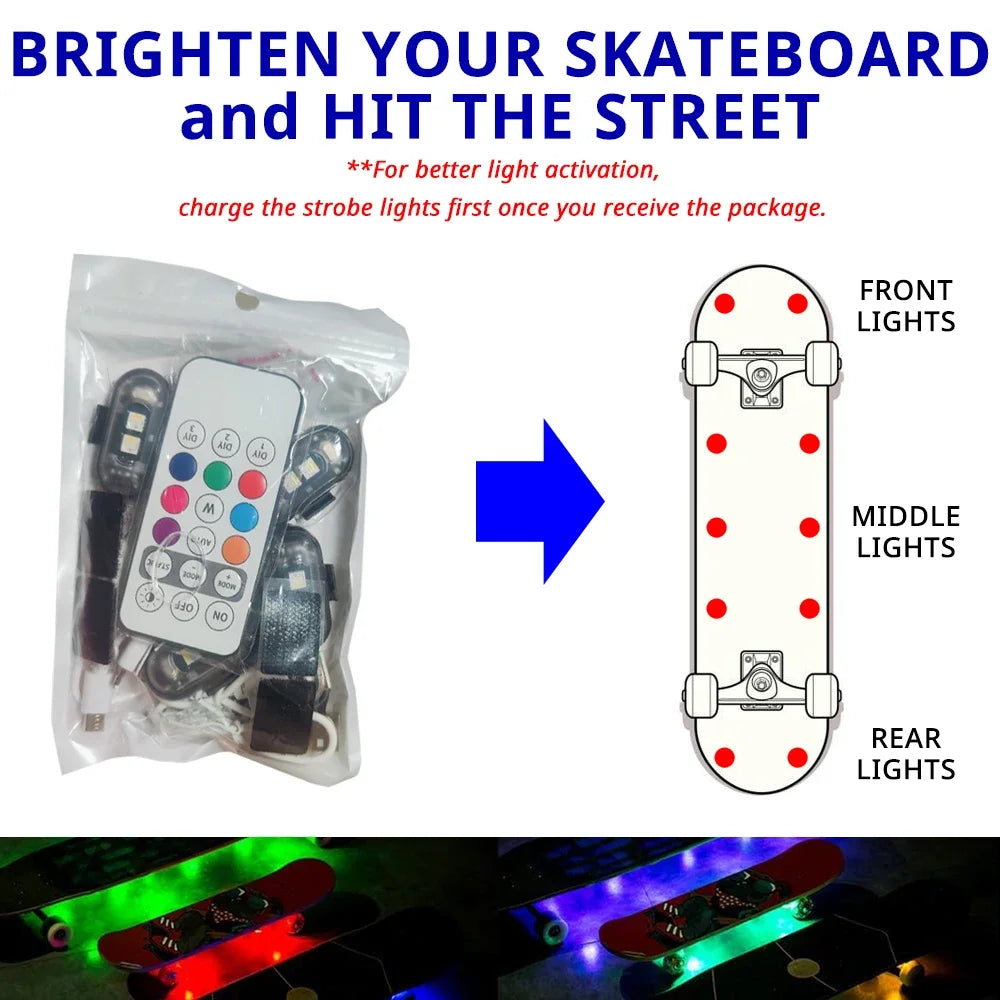 RGB Skateboard Scooter Light Underglow Kit Wireless Remote Control LED 8 Color Rechargeable Strobe Ambient Night Riding Decor
