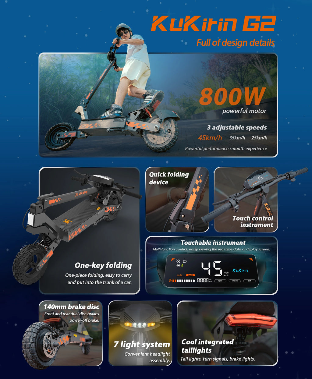 Kukirin G2 Foldable Electric Scooter 800W Brushless Motor 48V 15.6Ah Battery 10-inch Tire 45km/h Max Speed 55km Range